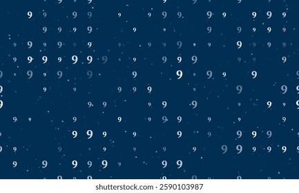 Seamless background pattern of evenly spaced white number nine symbols of different sizes and opacity. Vector illustration on dark blue background with stars