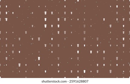 Seamless background pattern of evenly spaced white paper coffee cups of different sizes and opacity. Vector illustration on brown background with stars