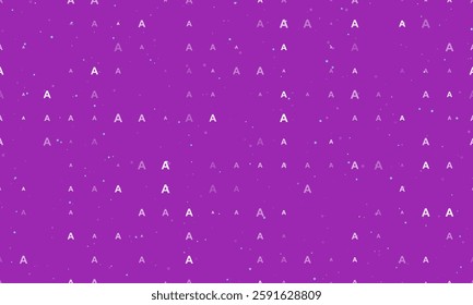 Seamless background pattern of evenly spaced white capital letter A symbols of different sizes and opacity. Vector illustration on purple background with stars