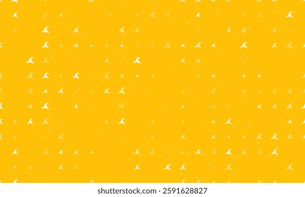 Seamless background pattern of evenly spaced white wizard hat symbols of different sizes and opacity. Vector illustration on amber background with stars