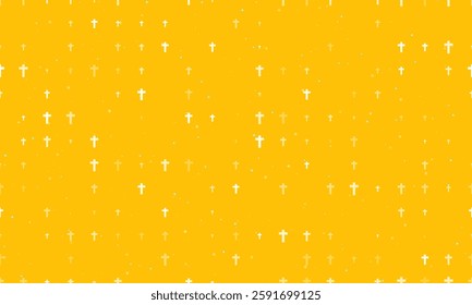 Seamless background pattern of evenly spaced white cross symbols of different sizes and opacity. Vector illustration on amber background with stars