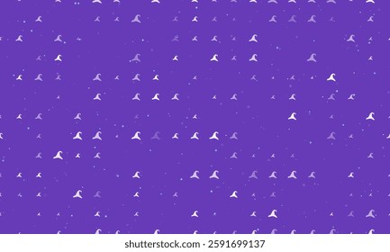 Seamless background pattern of evenly spaced white wizard hat symbols of different sizes and opacity. Vector illustration on deep purple background with stars