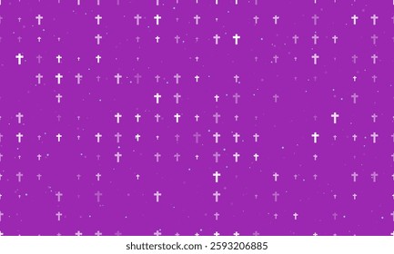 Seamless background pattern of evenly spaced white cross symbols of different sizes and opacity. Vector illustration on purple background with stars