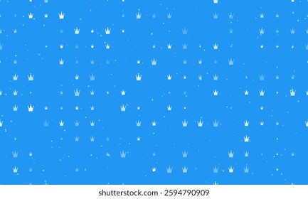 Seamless background pattern of evenly spaced white crown symbols of different sizes and opacity. Vector illustration on blue background with stars