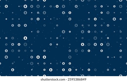Seamless background pattern of evenly spaced white stop hand symbols of different sizes and opacity. Vector illustration on dark blue background with stars