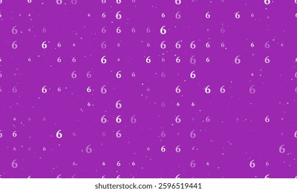Seamless background pattern of evenly spaced white number six symbols of different sizes and opacity. Vector illustration on purple background with stars