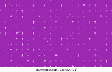 Seamless background pattern of evenly spaced white chamomile symbols of different sizes and opacity. Vector illustration on purple background with stars