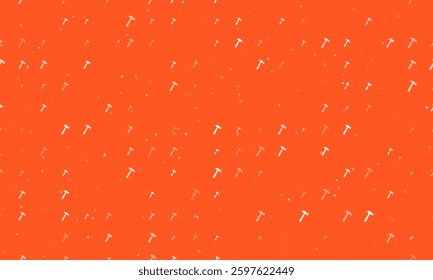 Seamless background pattern of evenly spaced white hammer symbols of different sizes and opacity. Vector illustration on deep orange background with stars