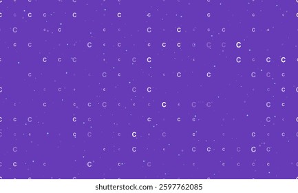 Seamless background pattern of evenly spaced white capital letter C symbols of different sizes and opacity. Vector illustration on deep purple background with stars