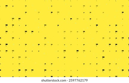Seamless background pattern of evenly spaced black flag symbols of different sizes and opacity. Vector illustration on yellow background with stars
