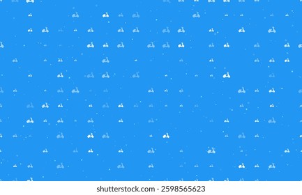 Seamless background pattern of evenly spaced white scooter symbols of different sizes and opacity. Vector illustration on blue background with stars