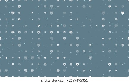Seamless background pattern of evenly spaced white bear head symbols of different sizes and opacity. Vector illustration on blue gray background with stars