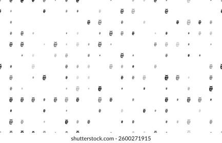 Seamless background pattern of evenly spaced black owl symbols of different sizes and opacity. Vector illustration on white background