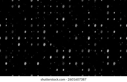 Seamless background pattern of evenly spaced white owl symbols of different sizes and opacity. Vector illustration on black background with stars