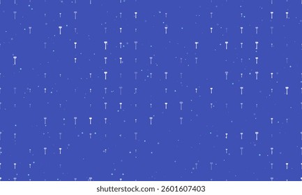 Seamless background pattern of evenly spaced white mallet symbols of different sizes and opacity. Vector illustration on indigo background with stars