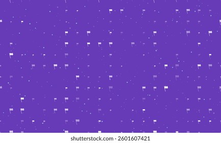 Seamless background pattern of evenly spaced white flag symbols of different sizes and opacity. Vector illustration on deep purple background with stars