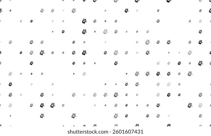 Seamless background pattern of evenly spaced black raccoon head symbols of different sizes and opacity. Vector illustration on white background