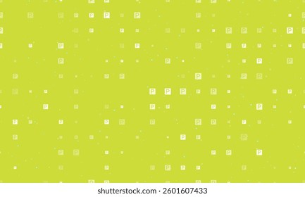 Seamless background pattern of evenly spaced white road parking signs of different sizes and opacity. Vector illustration on lime background with stars