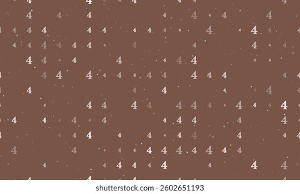 Seamless background pattern of evenly spaced white number four symbols of different sizes and opacity. Vector illustration on brown background with stars
