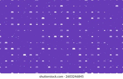Seamless background pattern of evenly spaced white sofa symbols of different sizes and opacity. Vector illustration on deep purple background with stars