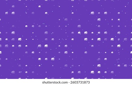 Seamless background pattern of evenly spaced white elephants of different sizes and opacity. Vector illustration on deep purple background with stars