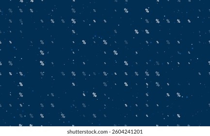 Seamless background pattern of evenly spaced white percent symbols of different sizes and opacity. Vector illustration on dark blue background with stars