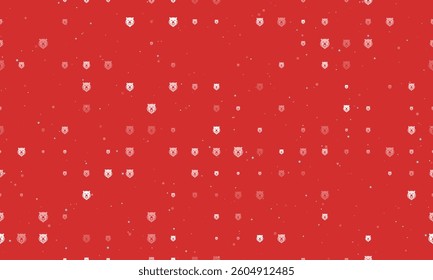 Seamless background pattern of evenly spaced white bear head icons of different sizes and opacity. Vector illustration on red background with stars