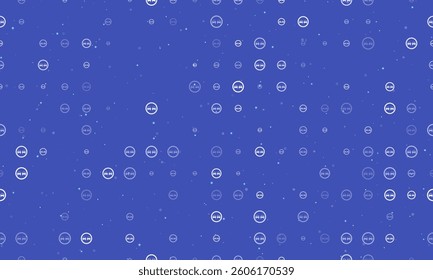 Seamless background pattern of evenly spaced white no overtaking signs of different sizes and opacity. Vector illustration on indigo background with stars