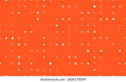 Seamless background pattern of evenly spaced white owl head symbols of different sizes and opacity. Vector illustration on deep orange background with stars