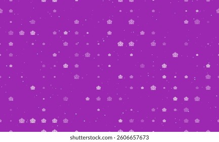 Seamless background pattern of evenly spaced white treasure chest symbols of different sizes and opacity. Vector illustration on purple background with stars