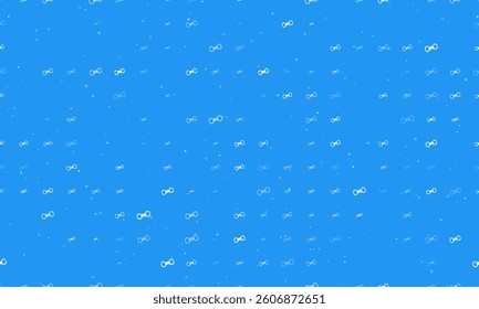 Seamless background pattern of evenly spaced white handcuffs symbols of different sizes and opacity. Vector illustration on blue background with stars