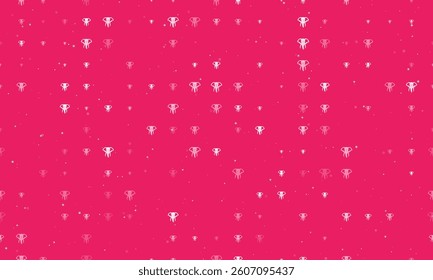 Seamless background pattern of evenly spaced white elephant heads of different sizes and opacity. Vector illustration on pink background with stars