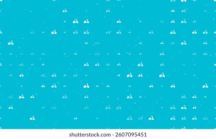 Seamless background pattern of evenly spaced white scooter symbols of different sizes and opacity. Vector illustration on cyan background with stars