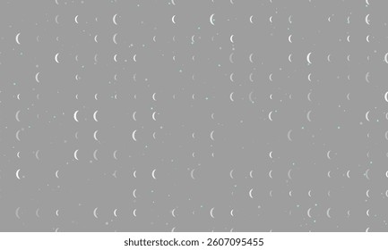 Seamless background pattern of evenly spaced white crescent symbols of different sizes and opacity. Vector illustration on gray background with stars