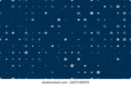 Seamless background pattern of evenly spaced white treasure chest symbols of different sizes and opacity. Vector illustration on dark blue background with stars