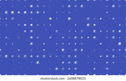 Seamless background pattern of evenly spaced white wild elephant symbols of different sizes and opacity. Vector illustration on indigo background with stars