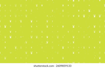 Seamless background pattern of evenly spaced white cute hare head symbols of different sizes and opacity. Vector illustration on lime background with stars
