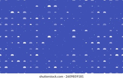 Seamless background pattern of evenly spaced white sofa symbols of different sizes and opacity. Vector illustration on indigo background with stars