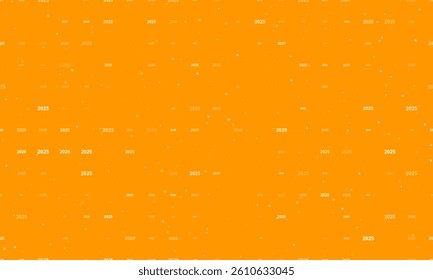 Seamless background pattern of evenly spaced white 2025 year symbols of different sizes and opacity. Vector illustration on orange background with stars