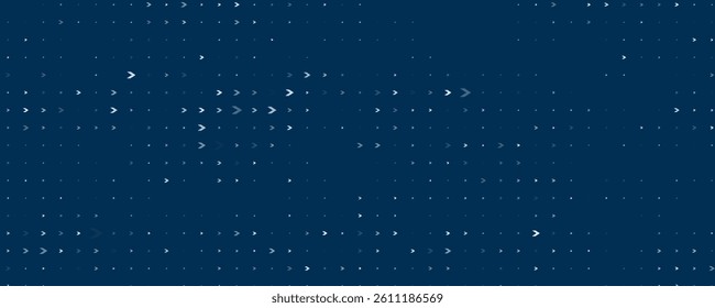 Seamless background pattern of evenly spaced white double arrow symbols of different sizes and opacity. Vector illustration on dark blue background with stars