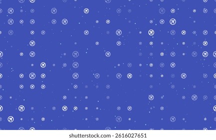 Seamless background pattern of evenly spaced white no left turn signs of different sizes and opacity. Vector illustration on indigo background with stars