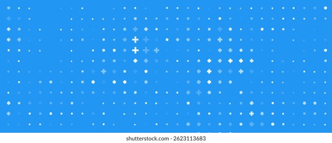 Seamless background pattern of evenly spaced white plus symbols of different sizes and opacity. Vector illustration on blue background with stars