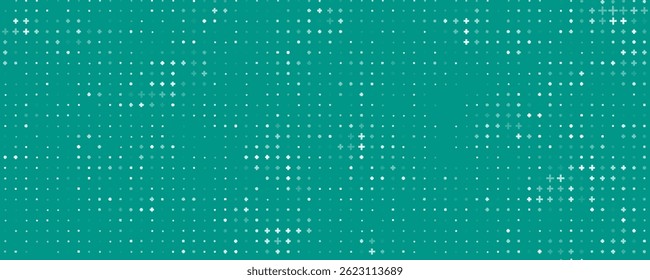 Seamless background pattern of evenly spaced white plus symbols of different sizes and opacity. Vector illustration on teal background with stars