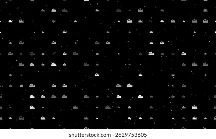 Seamless background pattern of evenly spaced white electric plane symbols of different sizes and opacity. Vector illustration on black background with stars