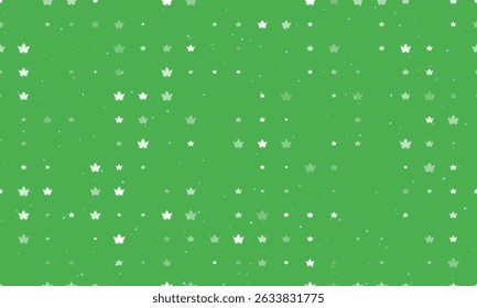 Seamless background pattern of evenly spaced white maple leaf symbols of different sizes and opacity. Vector illustration on green background with stars