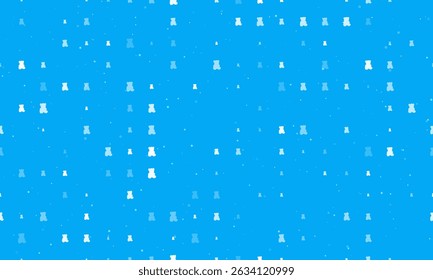 Seamless background pattern of evenly spaced white teddy bear symbols of different sizes and opacity. Vector illustration on light blue background with stars