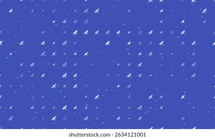 Seamless background pattern of evenly spaced white wild wolf symbols of different sizes and opacity. Vector illustration on indigo background with stars