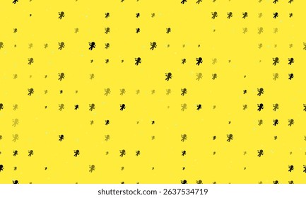 Seamless background pattern of evenly spaced black Voodoo Doll symbols of different sizes and opacity. Vector illustration on yellow background with stars