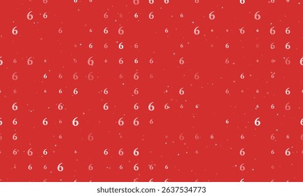 Seamless background pattern of evenly spaced white number six symbols of different sizes and opacity. Vector illustration on red background with stars
