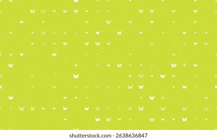 Seamless background pattern of evenly spaced white butterfly symbols of different sizes and opacity. Vector illustration on lime background with stars